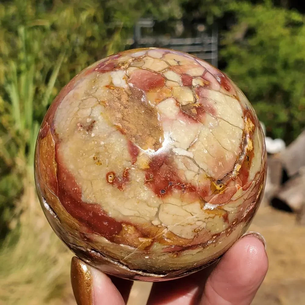 Pink Ocean Ibis Jasper Brecciated Sphere w/ Caves Druzy 458 grams 71mm